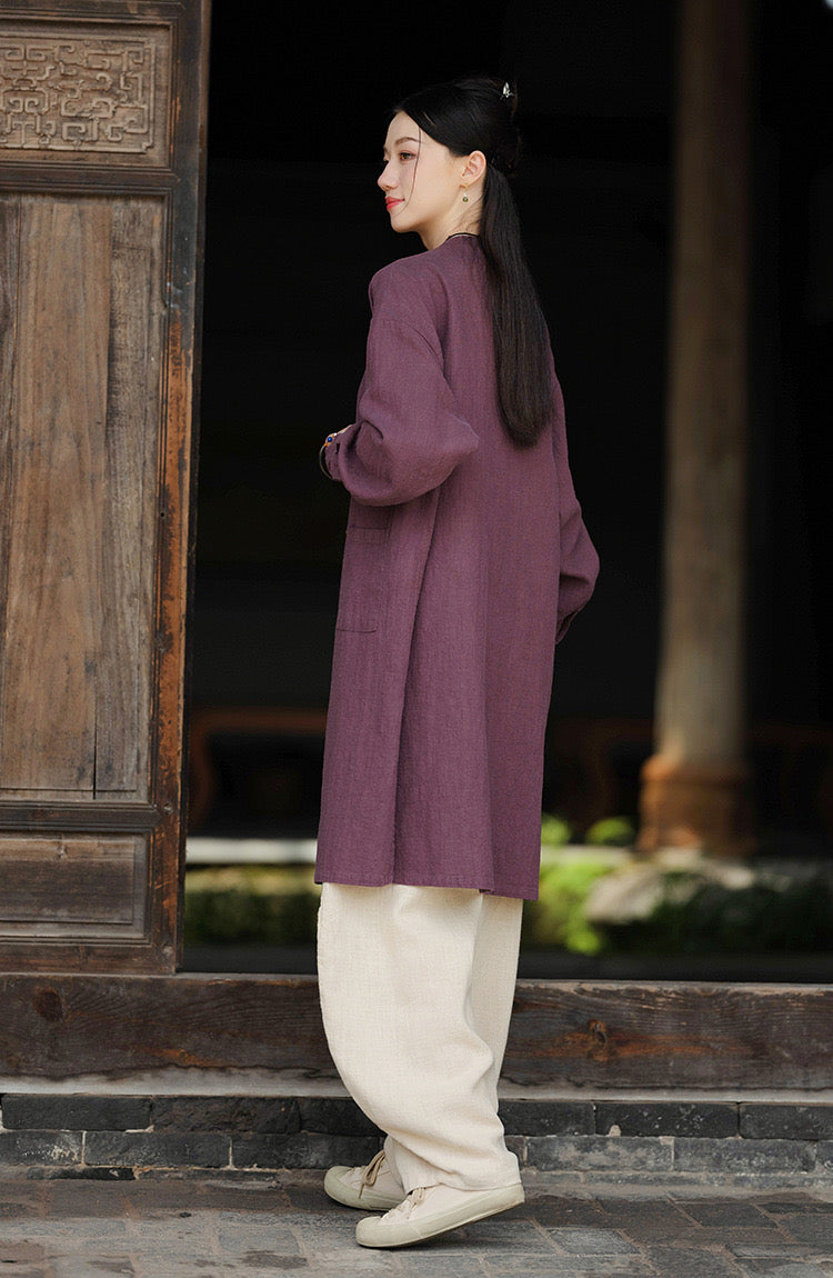 Tao One Tech™ • Zen Long Kimono Cardigan Jacket • 7 Contrast Buttons • Ramie Cotton