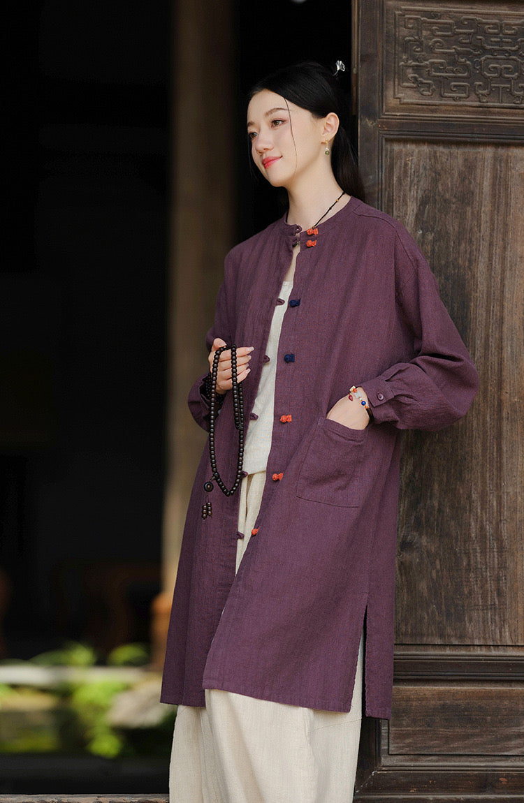 Tao One Tech™ • Zen Long Kimono Cardigan Jacket • 7 Contrast Buttons • Ramie Cotton