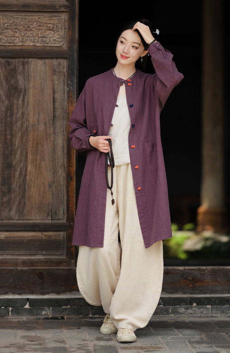 Tao One Tech™ • Zen Long Kimono Cardigan Jacket • 7 Contrast Buttons • Ramie Cotton