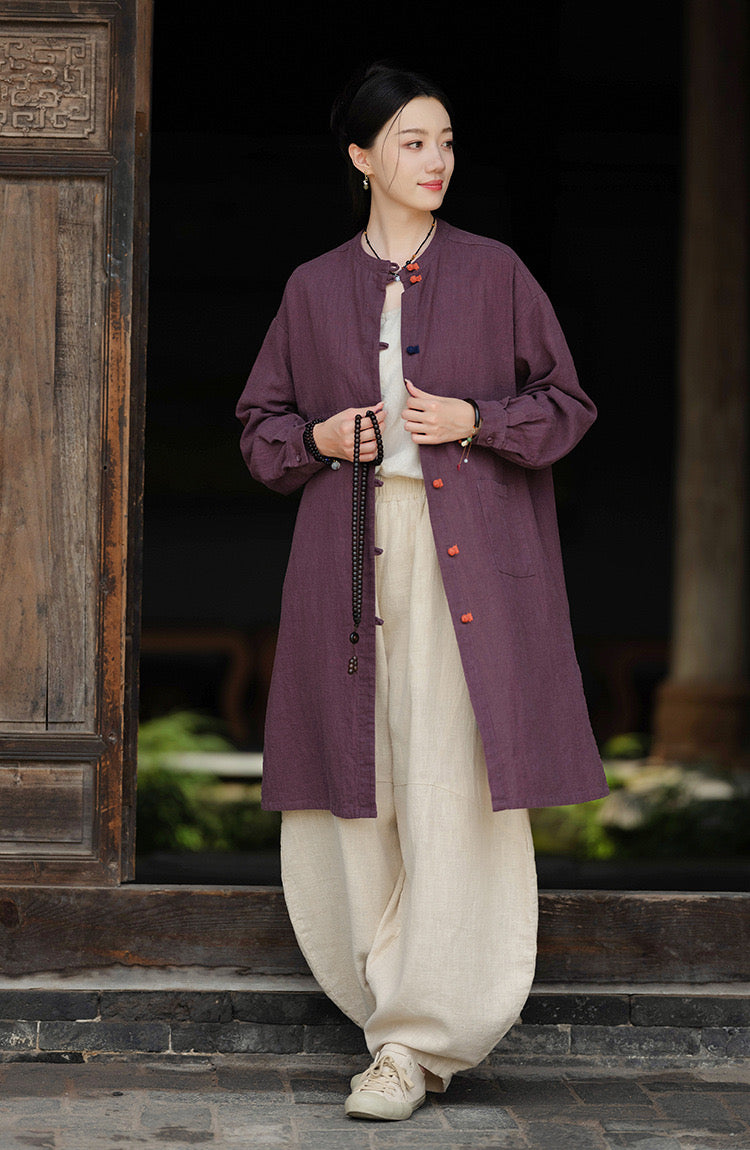 Tao One Tech™ • Zen Long Kimono Cardigan Jacket • 7 Contrast Buttons • Ramie Cotton