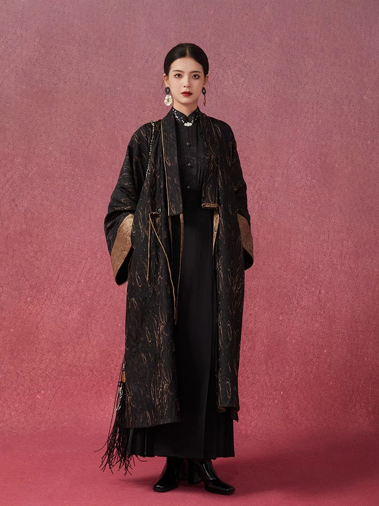 Tao One Tech™ • Long Zen Hanfu Kimono Coat • Bronze Jacquard • 1 Button • Tech Pockets