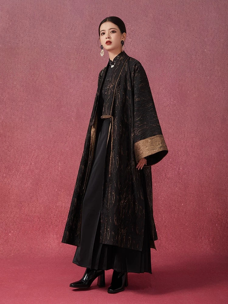 Tao One Tech™ • Long Zen Hanfu Kimono Coat • Bronze Jacquard • 1 Button • Tech Pockets