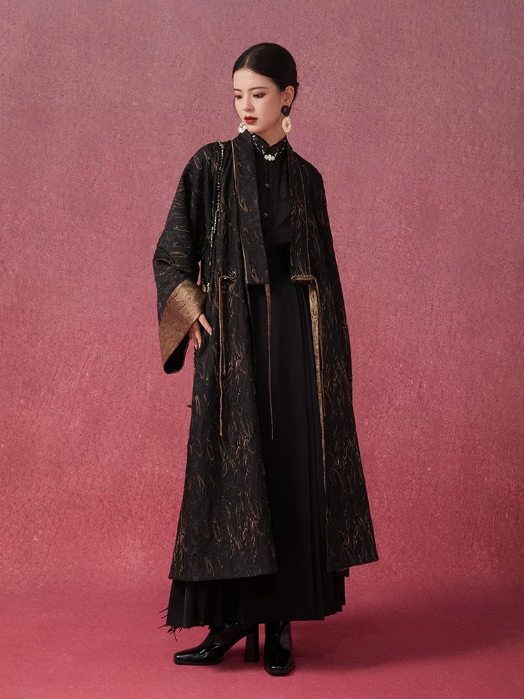 Tao One Tech™ • Long Zen Hanfu Kimono Coat • Bronze Jacquard • 1 Button • Tech Pockets