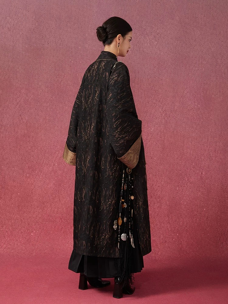 Tao One Tech™ • Long Zen Hanfu Kimono Coat • Bronze Jacquard • 1 Button • Tech Pockets