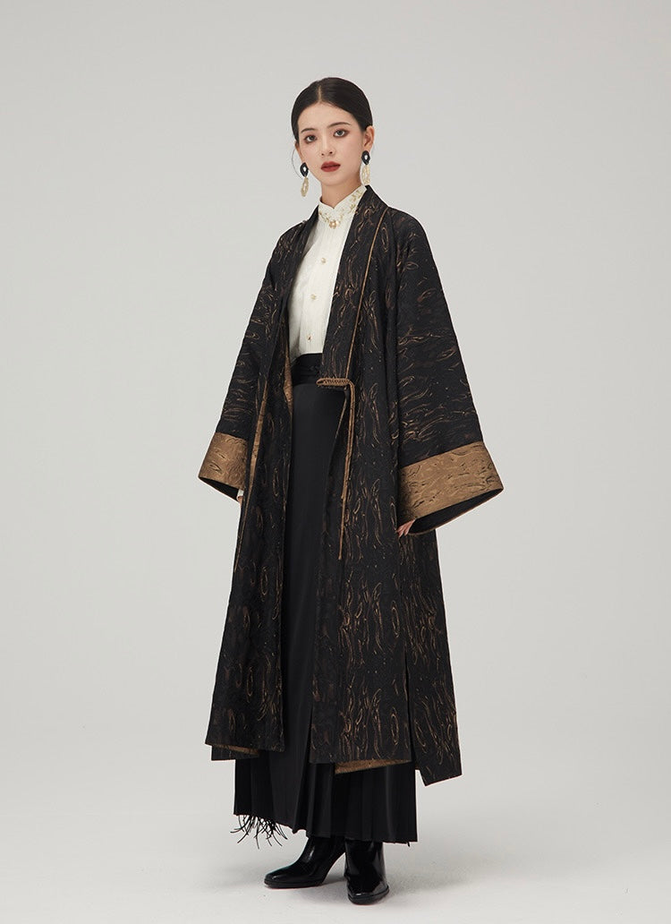 Tao One Tech™ • Long Zen Hanfu Kimono Coat • Bronze Jacquard • 1 Button • Tech Pockets