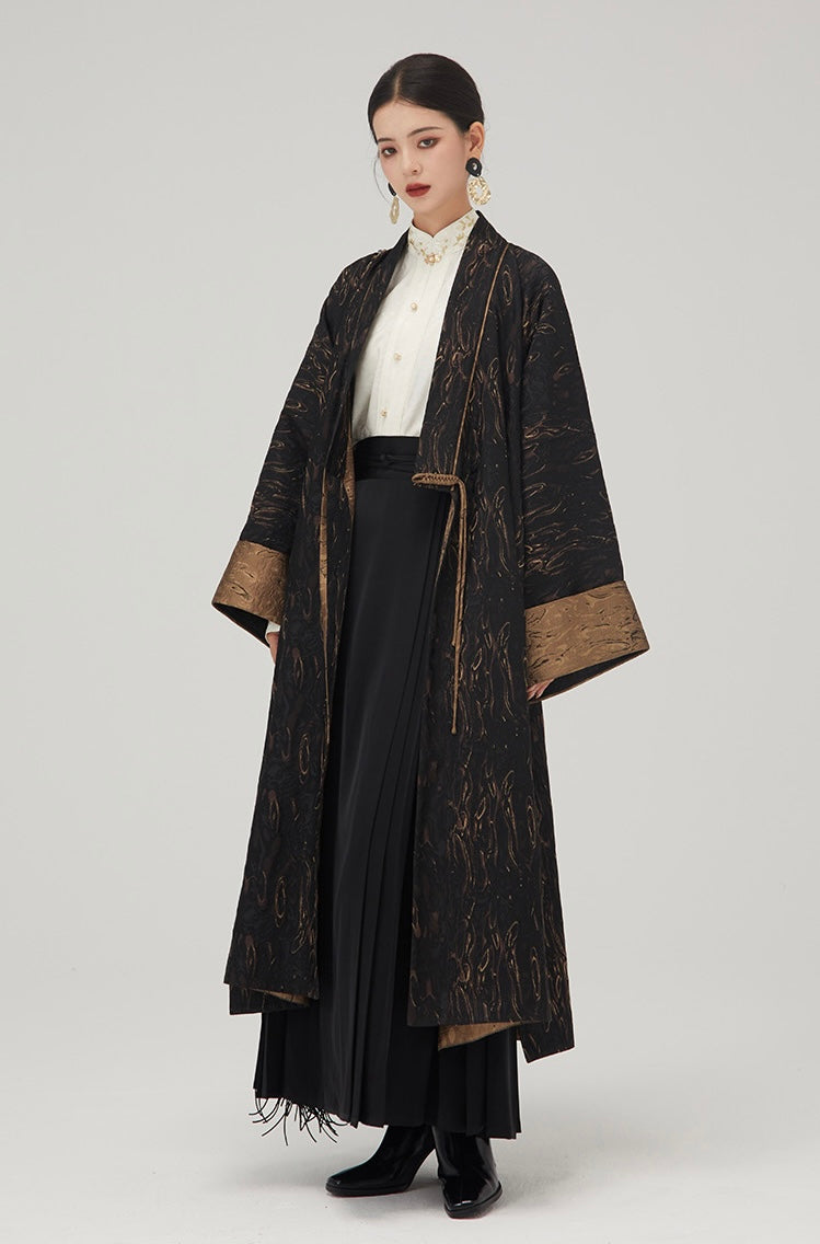 Tao One Tech™ • Long Zen Hanfu Kimono Coat • Bronze Jacquard • 1 Button • Tech Pockets