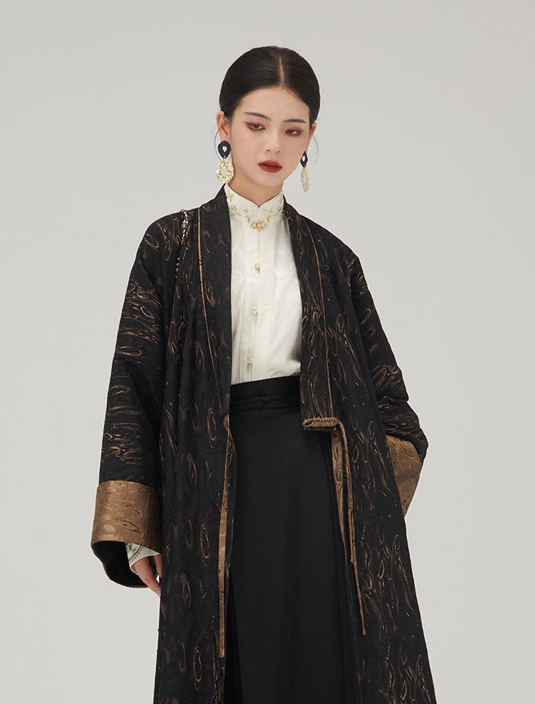 Tao One Tech™ • Long Zen Hanfu Kimono Coat • Bronze Jacquard • 1 Button • Tech Pockets