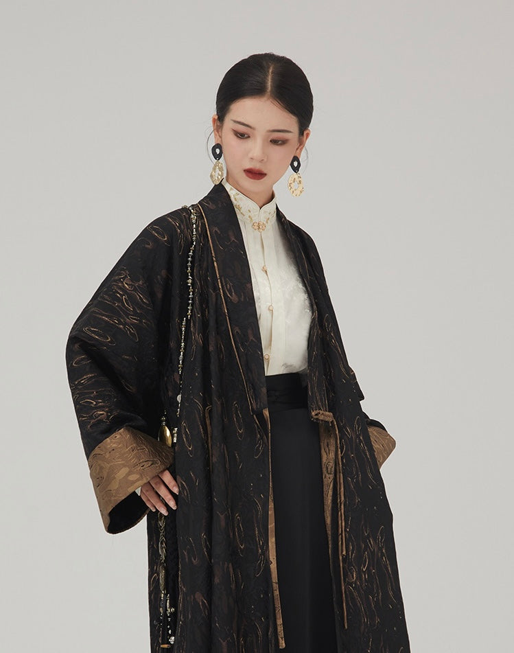 Tao One Tech™ • Long Zen Hanfu Kimono Coat • Bronze Jacquard • 1 Button • Tech Pockets