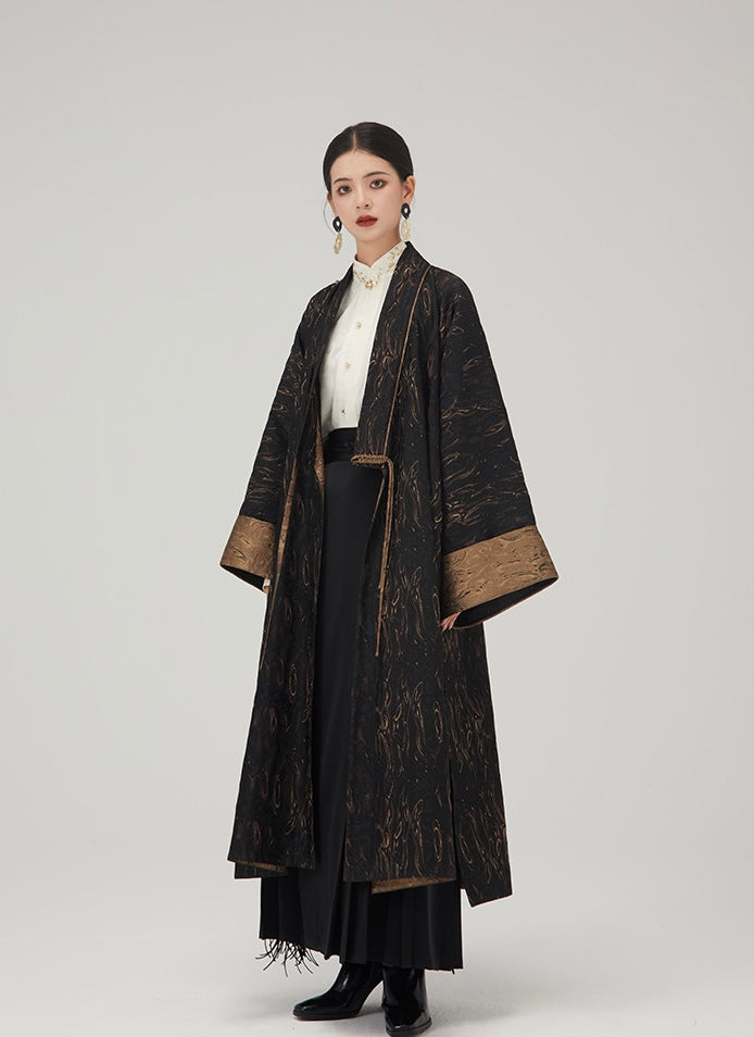 Tao One Tech™ • Long Zen Hanfu Kimono Coat • Bronze Jacquard • 1 Button • Tech Pockets