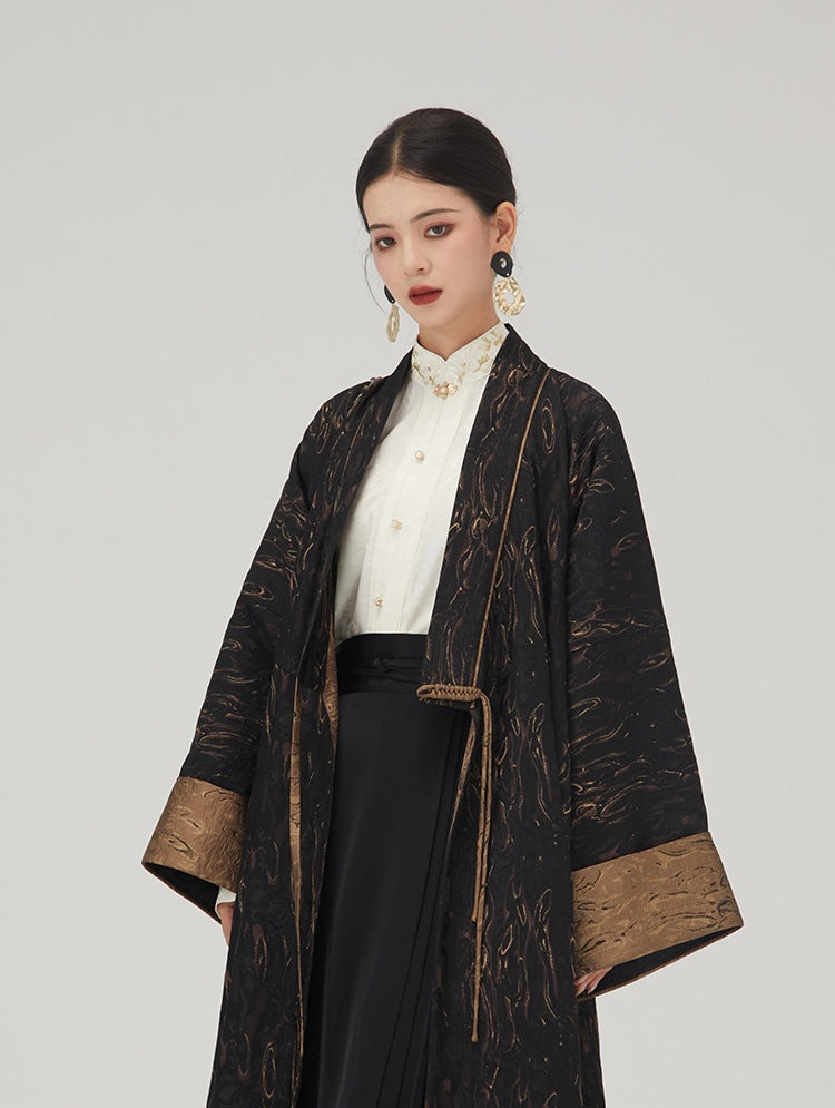 Tao One Tech™ • Long Zen Hanfu Kimono Coat • Bronze Jacquard • 1 Button • Tech Pockets