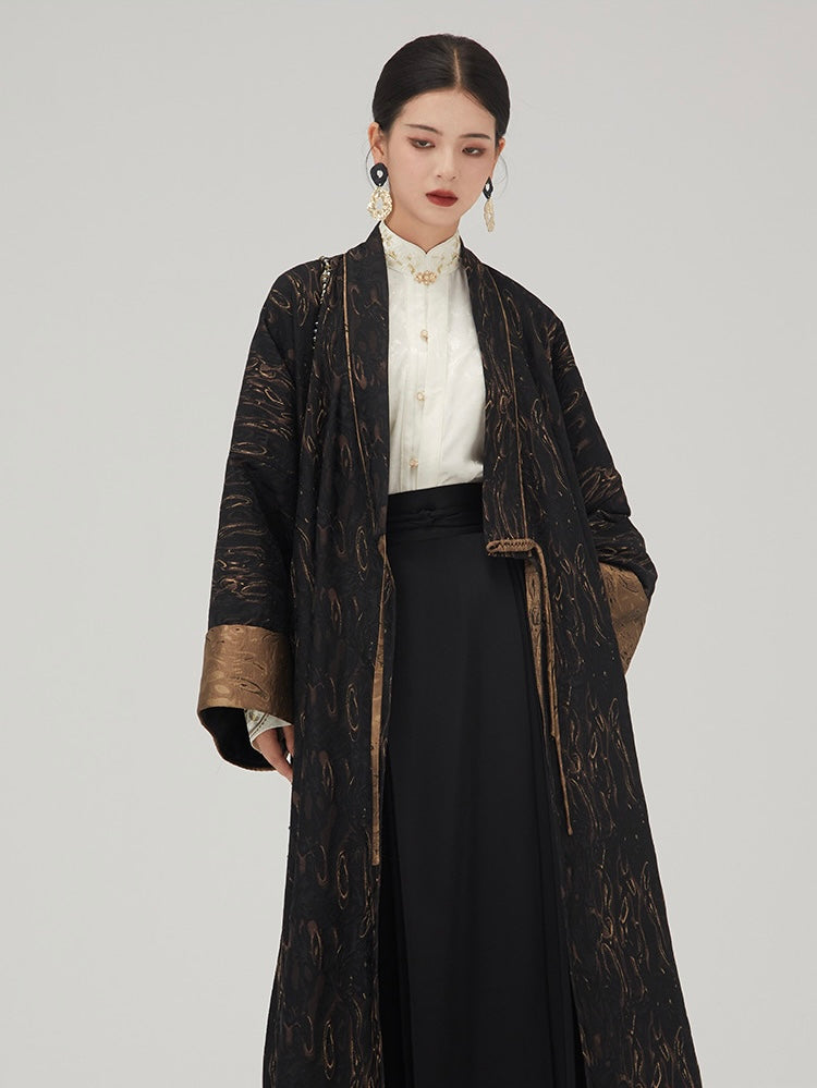 Tao One Tech™ • Long Zen Hanfu Kimono Coat • Bronze Jacquard • 1 Button • Tech Pockets