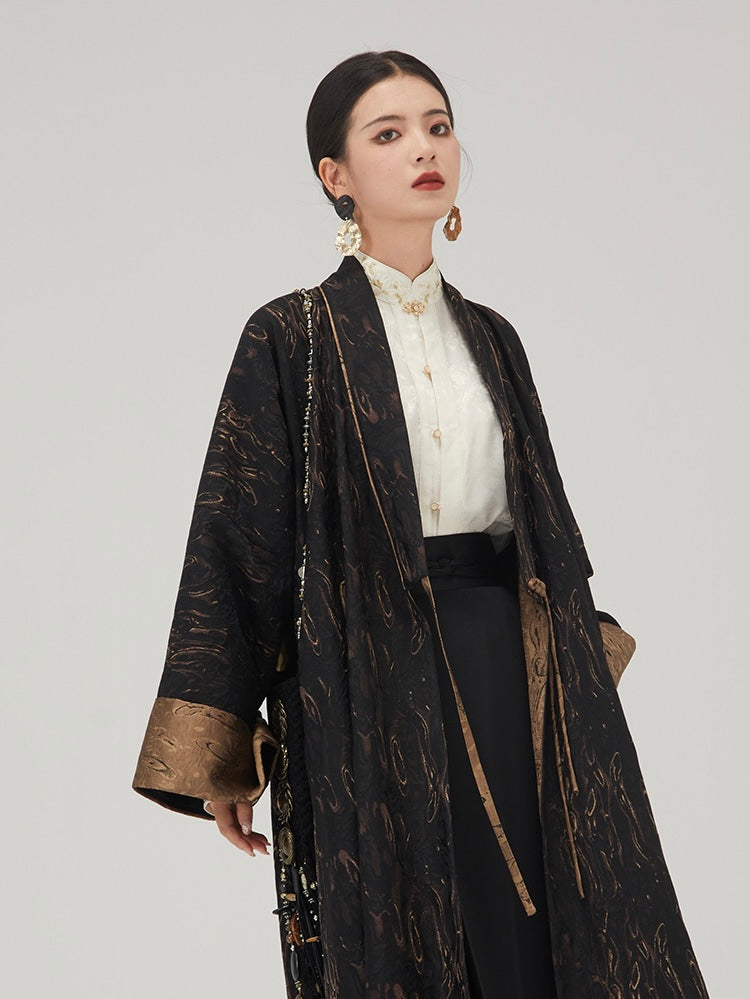 Tao One Tech™ • Long Zen Hanfu Kimono Coat • Bronze Jacquard • 1 Button • Tech Pockets