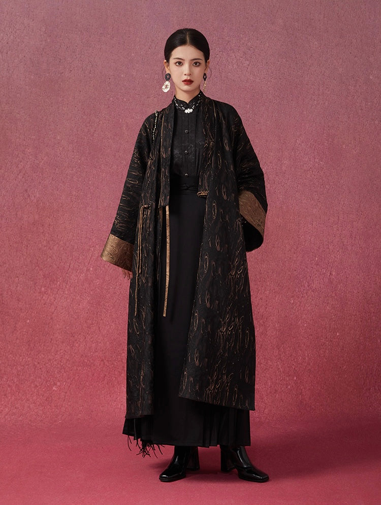 Tao One Tech™ • Long Zen Hanfu Kimono Coat • Bronze Jacquard • 1 Button • Tech Pockets