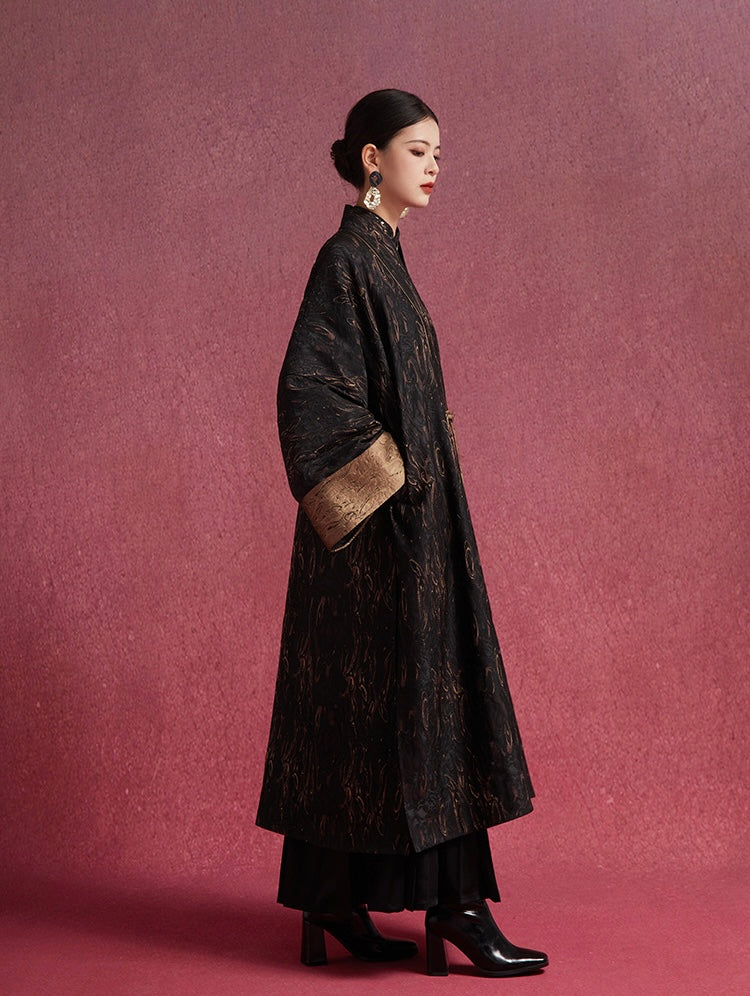 Tao One Tech™ • Long Zen Hanfu Kimono Coat • Bronze Jacquard • 1 Button • Tech Pockets