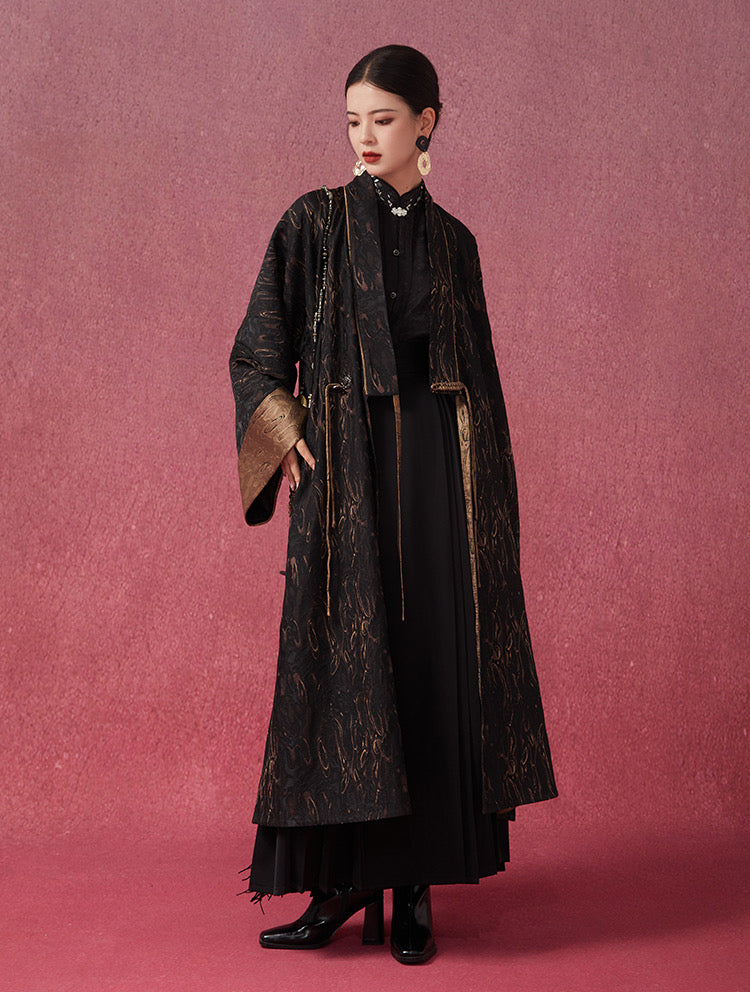 Tao One Tech™ • Long Zen Hanfu Kimono Coat • Bronze Jacquard • 1 Button • Tech Pockets