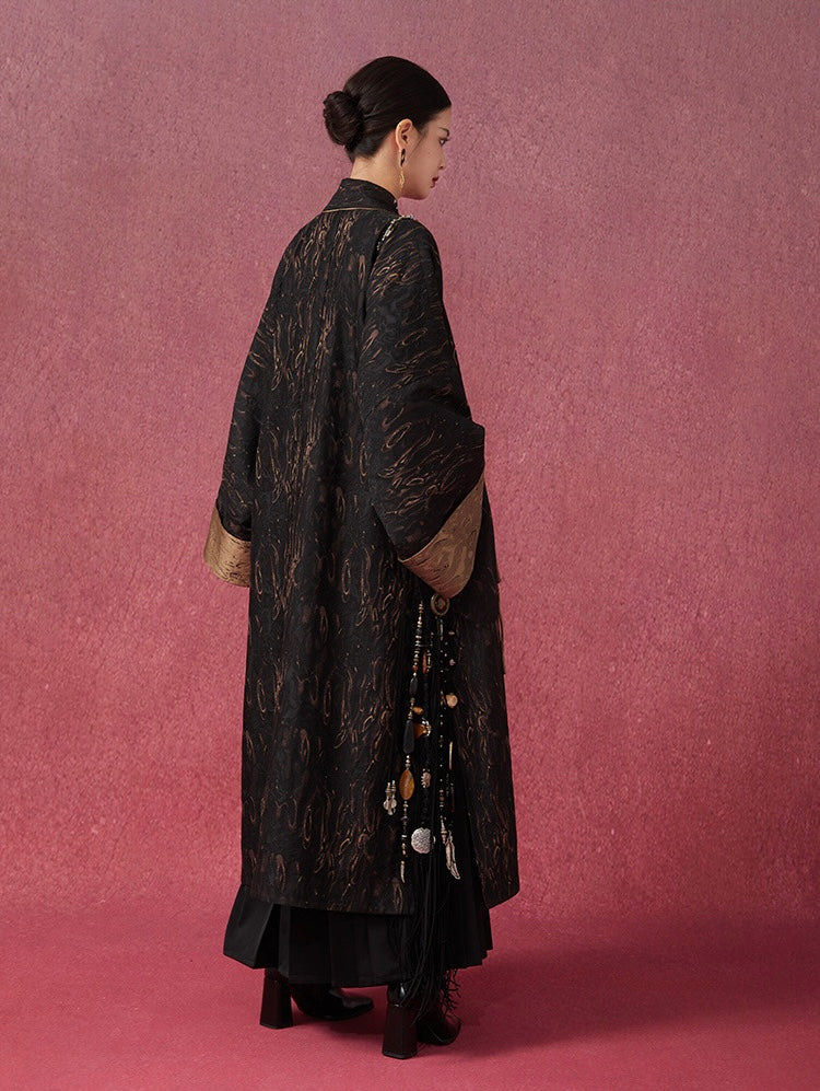 Tao One Tech™ • Long Zen Hanfu Kimono Coat • Bronze Jacquard • 1 Button • Tech Pockets