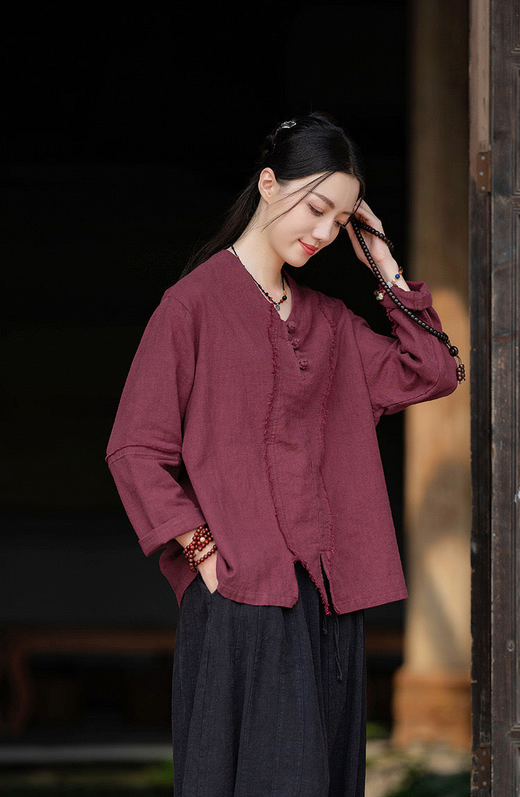 Tao One Tech™ • Zen V-Neck Shirt • Raw Edges • Asymmetrical • 3 Buttons • Ramie Bamboo Cotton