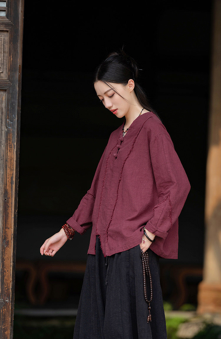 Tao One Tech™ • Zen V-Neck Shirt • Raw Edges • Asymmetrical • 3 Buttons • Ramie Bamboo Cotton