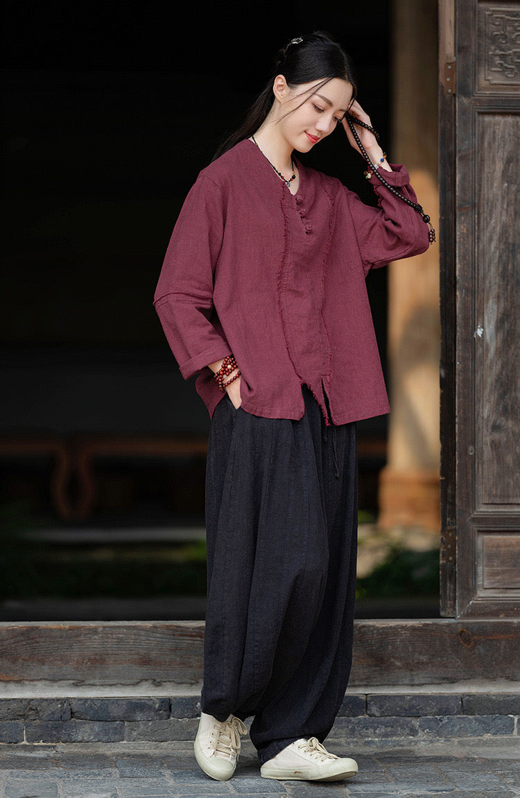 Tao One Tech™ • Zen V-Neck Shirt • Raw Edges • Asymmetrical • 3 Buttons • Ramie Bamboo Cotton