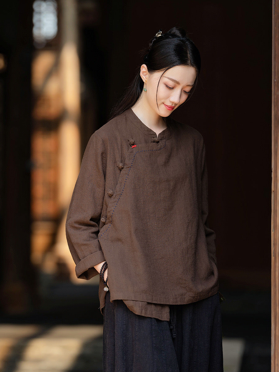 Tao One Tech™ • Zen V-Neck Shirt • Raw Edges • Asymmetrical • 3 Buttons • Ramie Bamboo Cotton