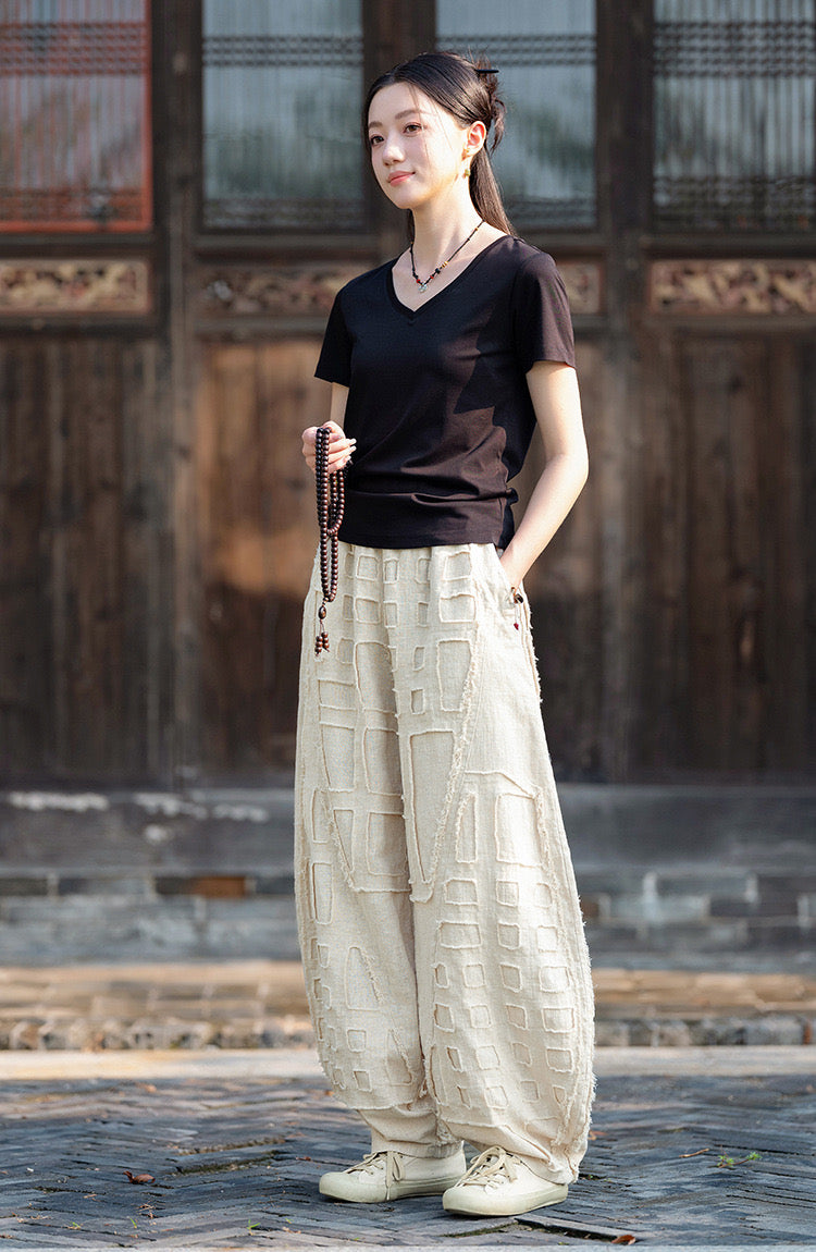 Tao One Tech™ • Zen Meditation Pants • Gongfu Pants • Raw Edges • Patching Design • Tech Pockets • Ramie Bamboo Cotton • Gender Neutral