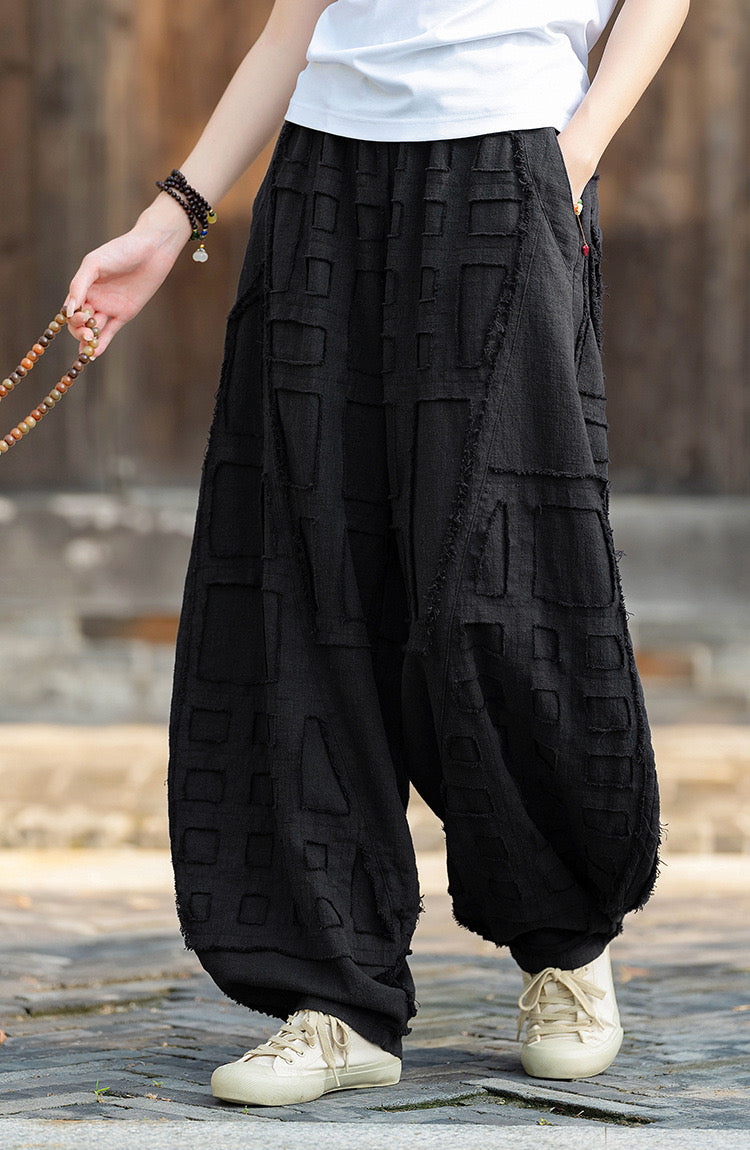 Tao One Tech™ • Zen Meditation Pants • Gongfu Pants • Raw Edges • Patching Design • Tech Pockets • Ramie Bamboo Cotton • Gender Neutral