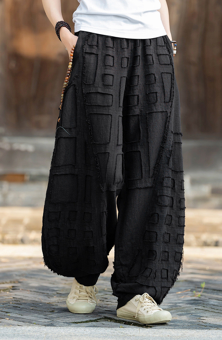 Tao One Tech™ • Zen Meditation Pants • Gongfu Pants • Raw Edges • Patching Design • Tech Pockets • Ramie Bamboo Cotton • Gender Neutral