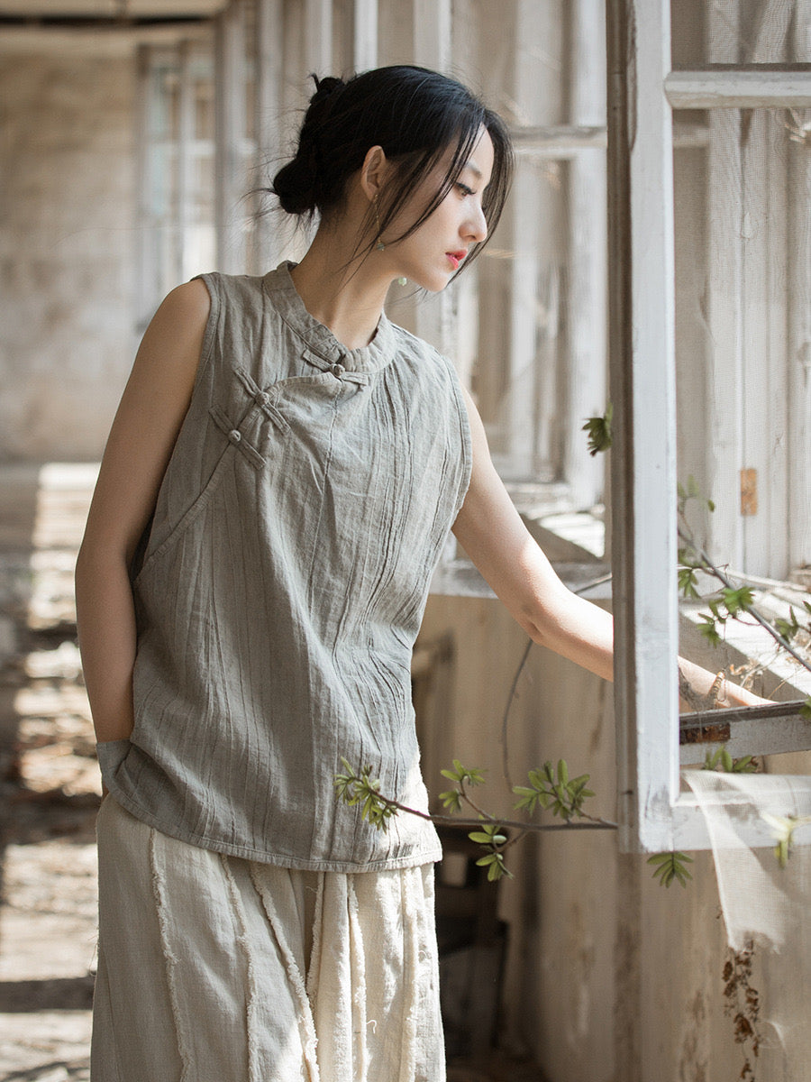 Tao One Tech™ Sleeveless Tank Top • 3 Buttons • Sesame Cotton • Tie Dye