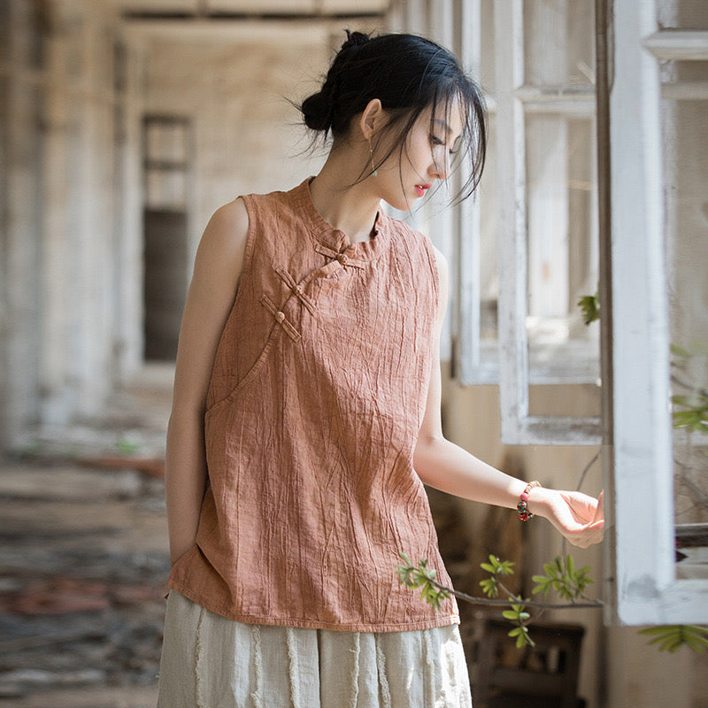 Tao One Tech™ Sleeveless Tank Top • 3 Buttons • Sesame Cotton • Tie Dye