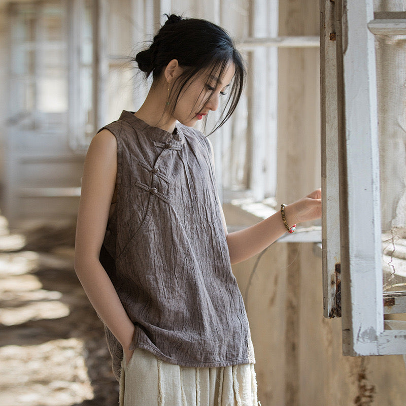 Tao One Tech™ Sleeveless Tank Top • 3 Buttons • Sesame Cotton • Tie Dye