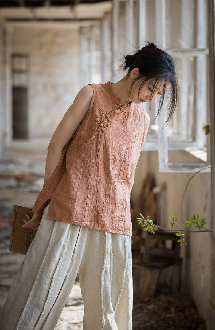 Tao One Tech™ Sleeveless Tank Top • 3 Buttons • Sesame Cotton • Tie Dye