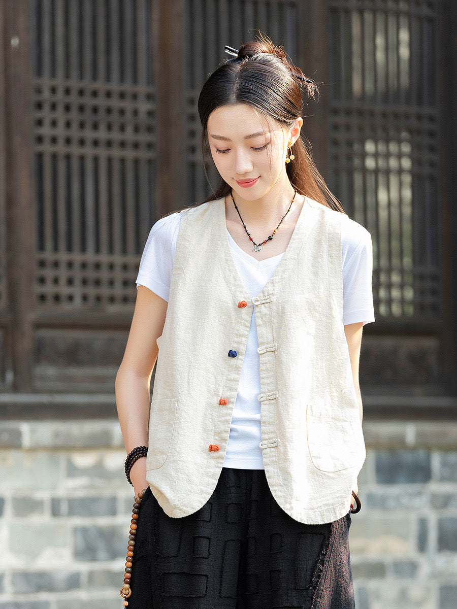 Tao One Tech™ • Zen Contrast Vest • Sleeveless • V-Neck • 4 Buttons • Tech Pockets • Ramie Bamboo Cotton • Gender Neutral