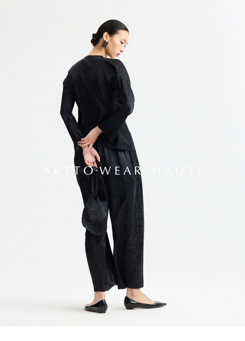 Tao One Tech™ Calligraphy Art Pants • Mulberry Silk Jacquard • 6A Grade • Fairy Flow • Cocoon 9-Point Wide Leg Pants • Pre-Order • Art Haute Couture • Limited Edition