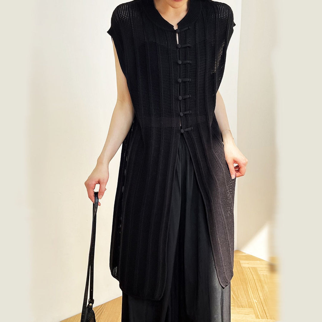 Tao One Tech™ • Long Knit Sun Dress • Cardigan • Sleeveless • Linen Cotton • 7 Buttons