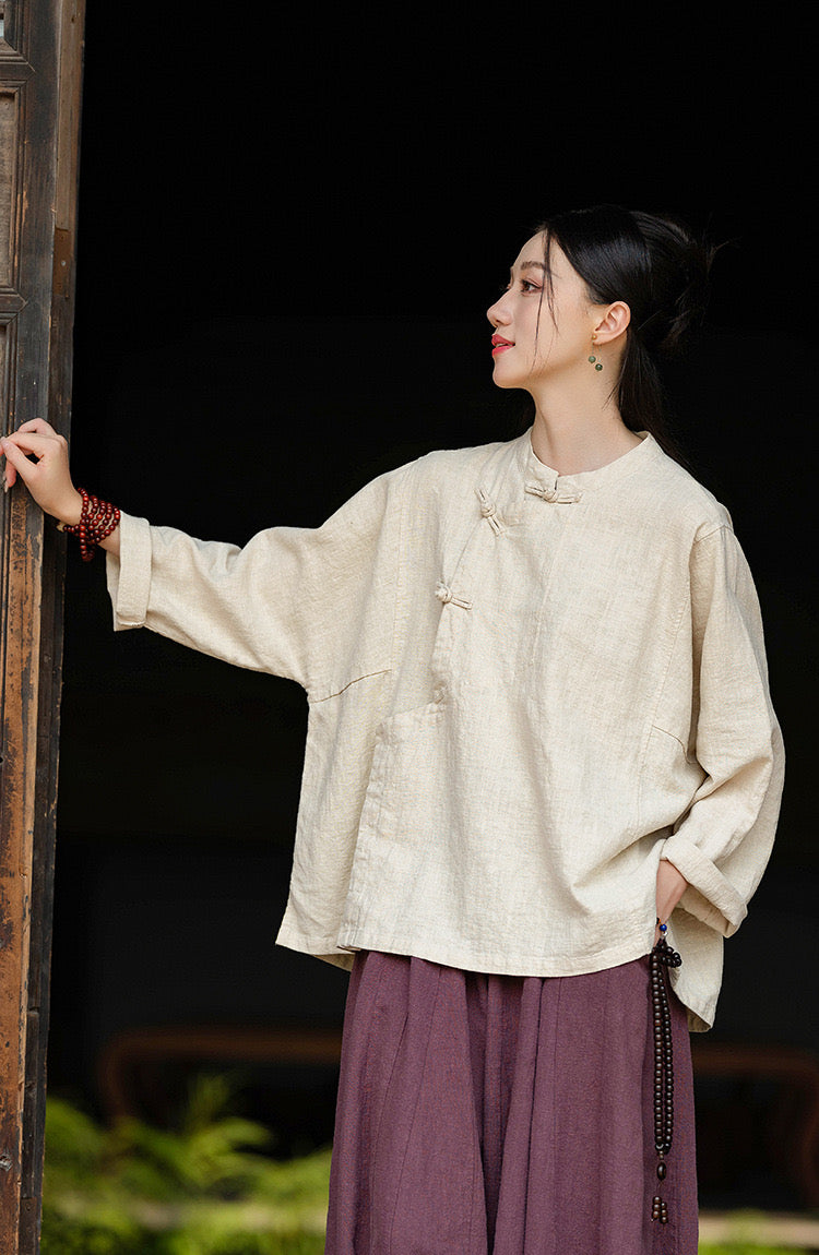 Tao One Tech™ • Zen Tea Meditation Kimono Wrap Shirt • Cardigan Jacket • 3 Buttons • Ramie Bamboo Cotton