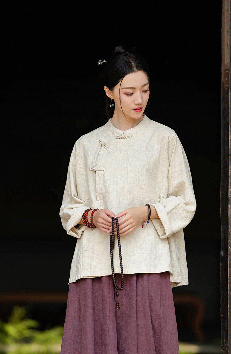 Tao One Tech™ • Zen Tea Meditation Kimono Wrap Shirt • Cardigan Jacket • 3 Buttons • Ramie Bamboo Cotton