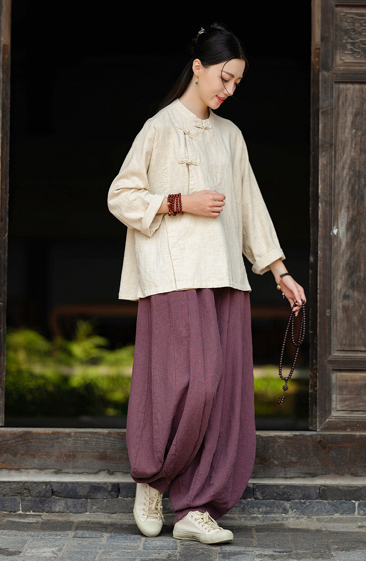 Tao One Tech™ • Zen Tea Meditation Kimono Wrap Shirt • Cardigan Jacket • 3 Buttons • Ramie Bamboo Cotton