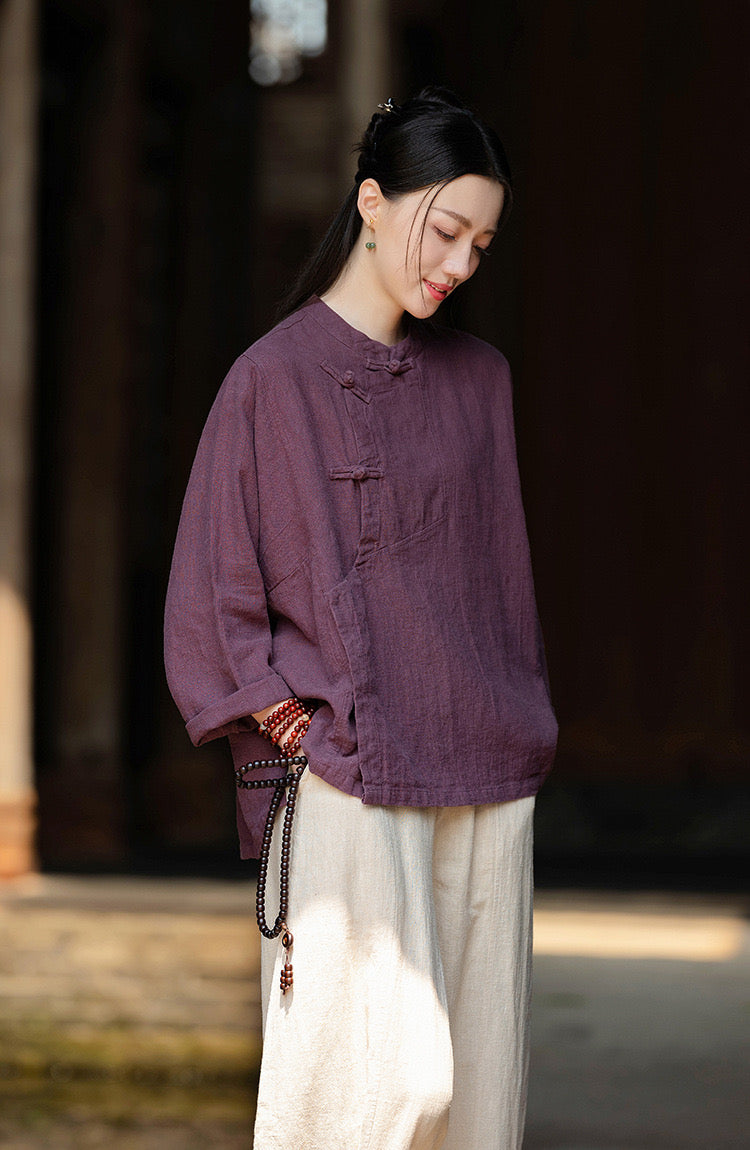 Tao One Tech™ • Zen Tea Meditation Kimono Wrap Shirt • Cardigan Jacket • 3 Buttons • Ramie Bamboo Cotton