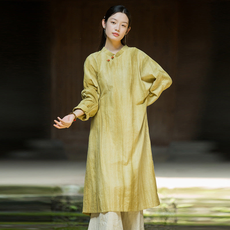 Tao One Tech™ • Zen Cheongsam Tea Dress • 2 Buttons • Long-Sleeves • Full Coverage • Oversized Relaxed Fit • Tech Pockets • Tie-Dye Folds • Ramie Cotton