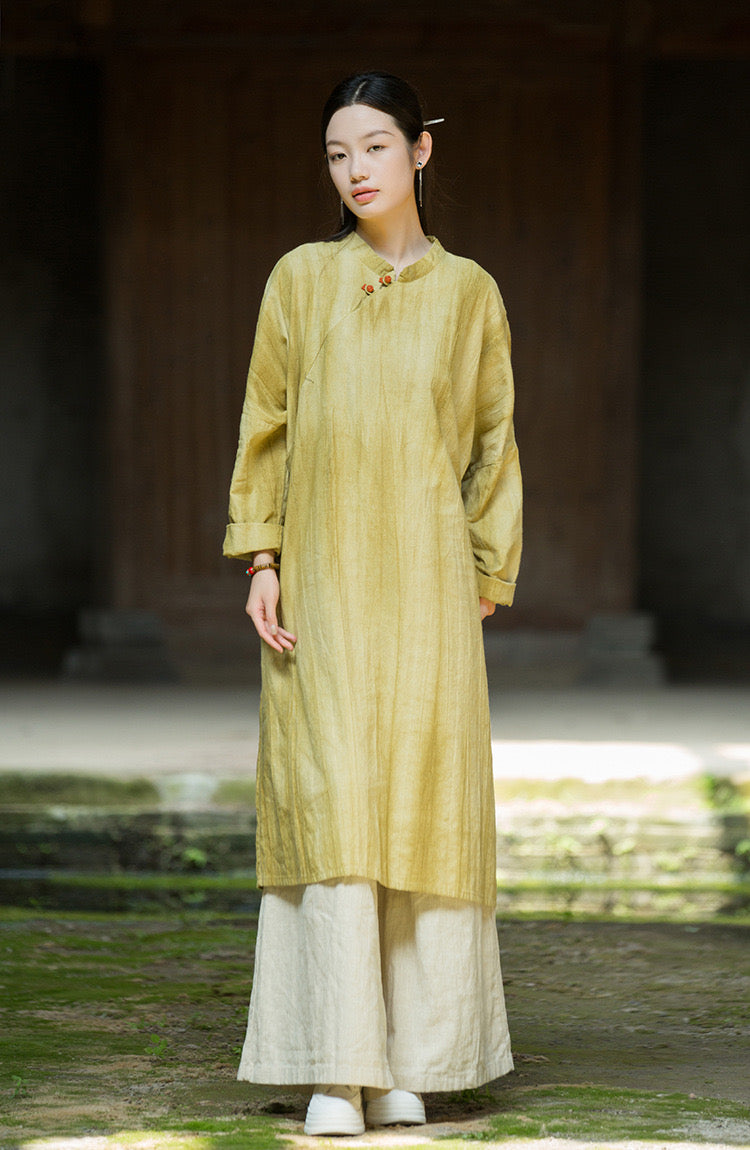 Tao One Tech™ • Zen Cheongsam Tea Dress • 2 Buttons • Long-Sleeves • Full Coverage • Oversized Relaxed Fit • Tech Pockets • Tie-Dye Folds • Ramie Cotton