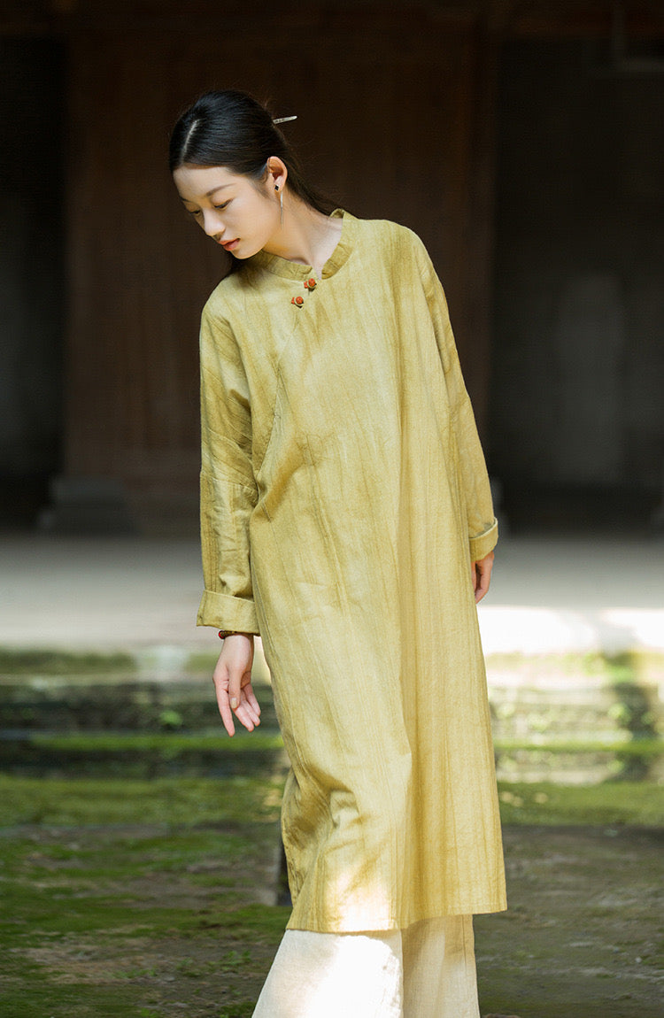 Tao One Tech™ • Zen Cheongsam Tea Dress • 2 Buttons • Long-Sleeves • Full Coverage • Oversized Relaxed Fit • Tech Pockets • Tie-Dye Folds • Ramie Cotton