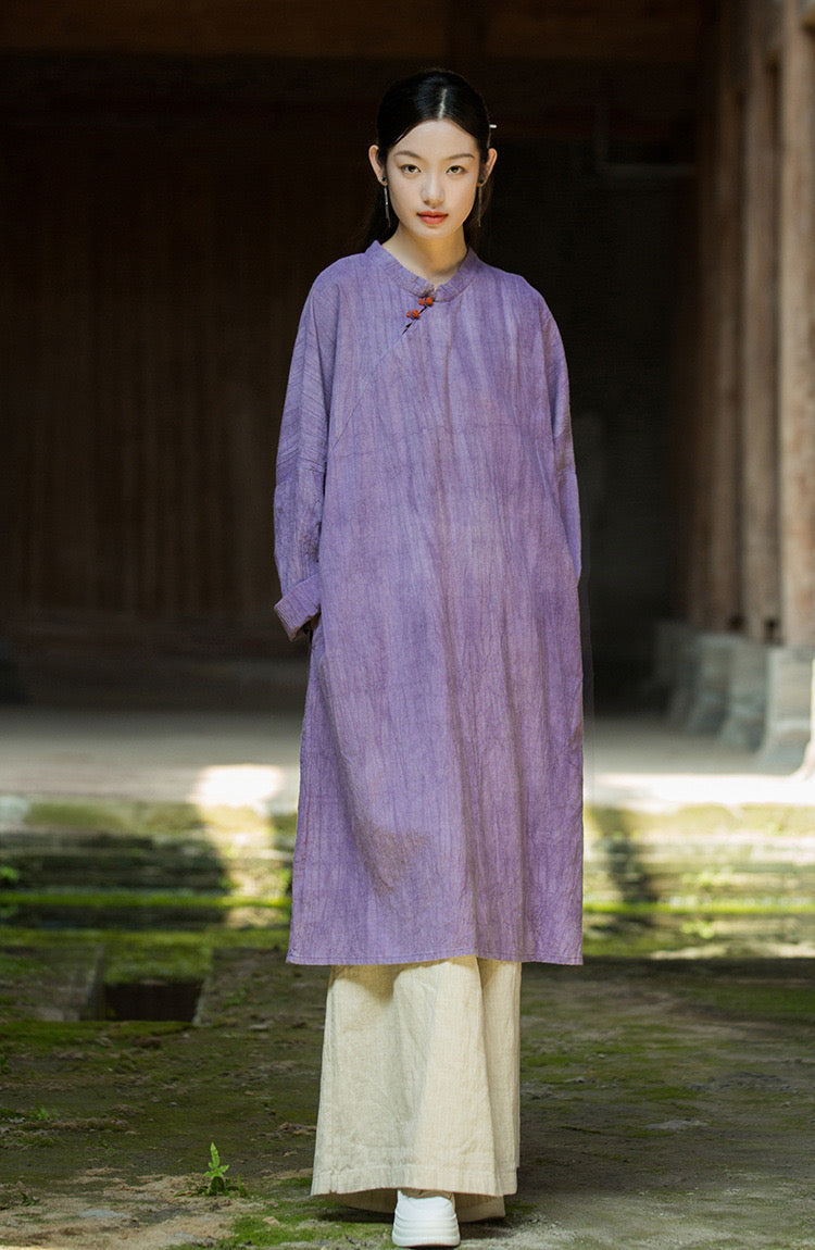 Tao One Tech™ • Zen Cheongsam Tea Dress • 2 Buttons • Long-Sleeves • Full Coverage • Oversized Relaxed Fit • Tech Pockets • Tie-Dye Folds • Ramie Cotton