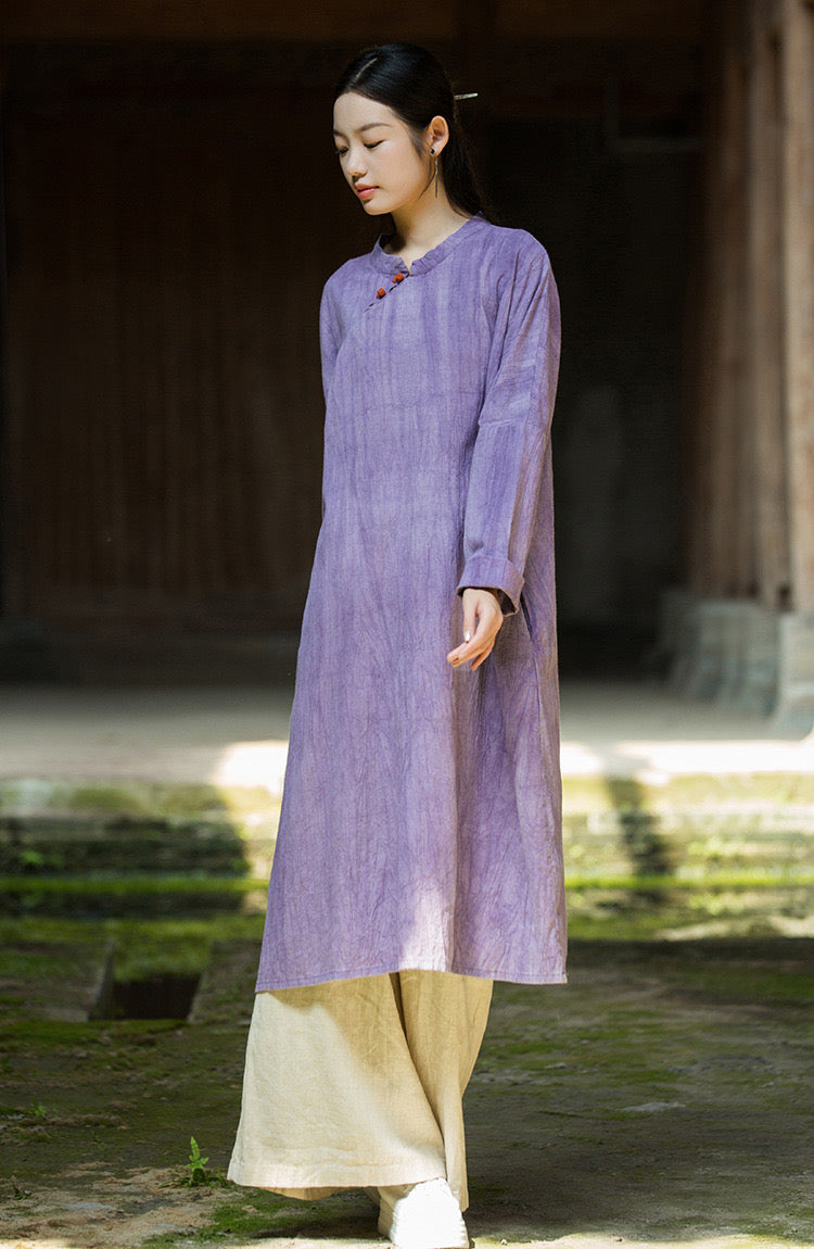 Tao One Tech™ • Zen Cheongsam Tea Dress • 2 Buttons • Long-Sleeves • Full Coverage • Oversized Relaxed Fit • Tech Pockets • Tie-Dye Folds • Ramie Cotton