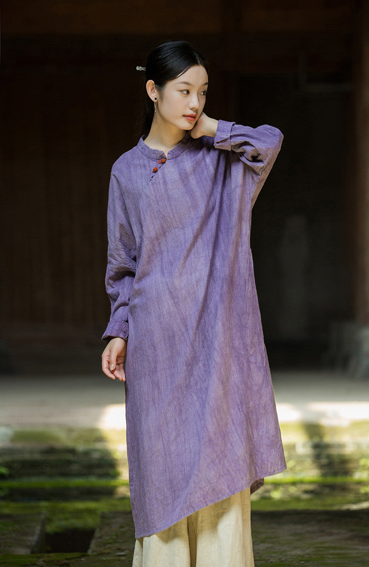 Tao One Tech™ • Zen Cheongsam Tea Dress • 2 Buttons • Long-Sleeves • Full Coverage • Oversized Relaxed Fit • Tech Pockets • Tie-Dye Folds • Ramie Cotton