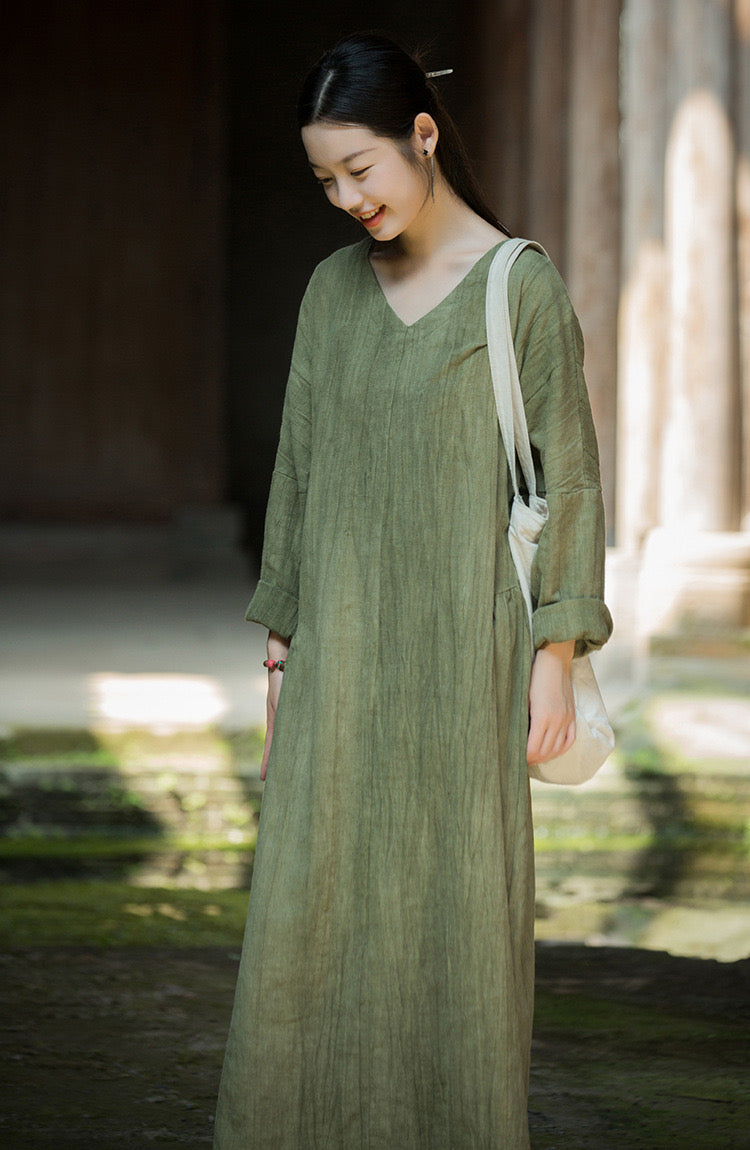 Tao One Tech™ • Zen Artistic Robe Dress • V-Neck • Long-Sleeves • Oversized Relaxed Fit • Tech Pockets • Ramie Cotton