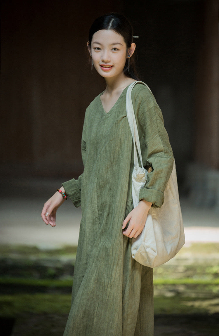 Tao One Tech™ • Zen Artistic Robe Dress • V-Neck • Long-Sleeves • Oversized Relaxed Fit • Tech Pockets • Ramie Cotton