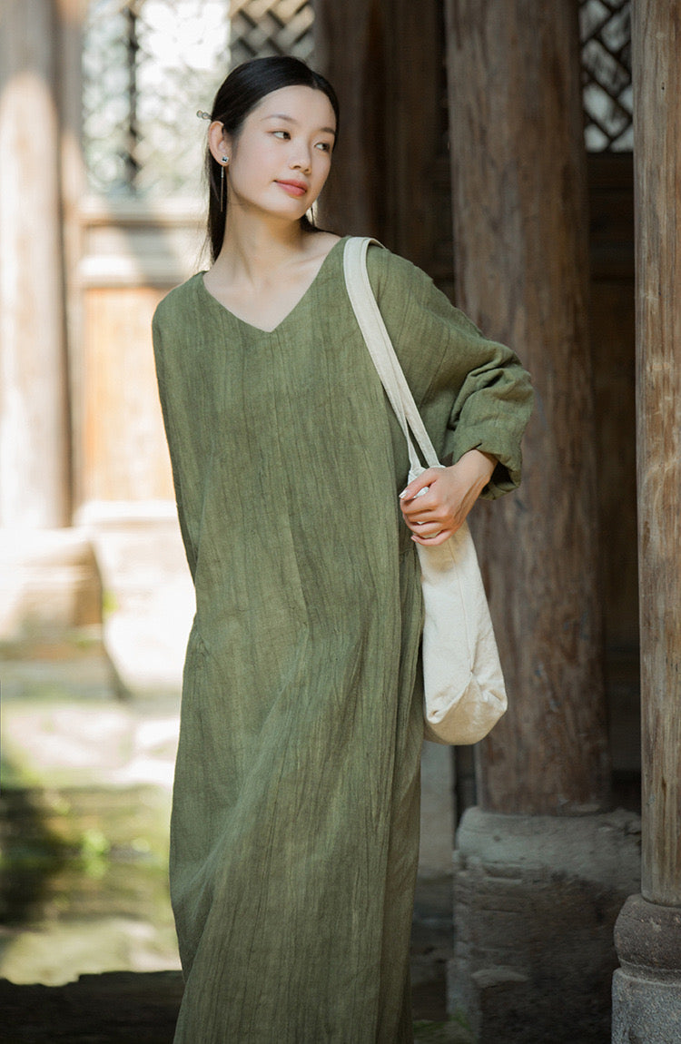 Tao One Tech™ • Zen Artistic Robe Dress • V-Neck • Long-Sleeves • Oversized Relaxed Fit • Tech Pockets • Ramie Cotton