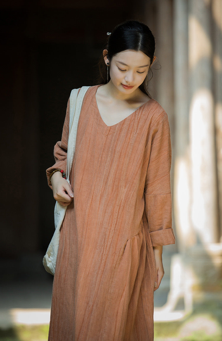 Tao One Tech™ • Zen Artistic Robe Dress • V-Neck • Long-Sleeves • Oversized Relaxed Fit • Tech Pockets • Ramie Cotton