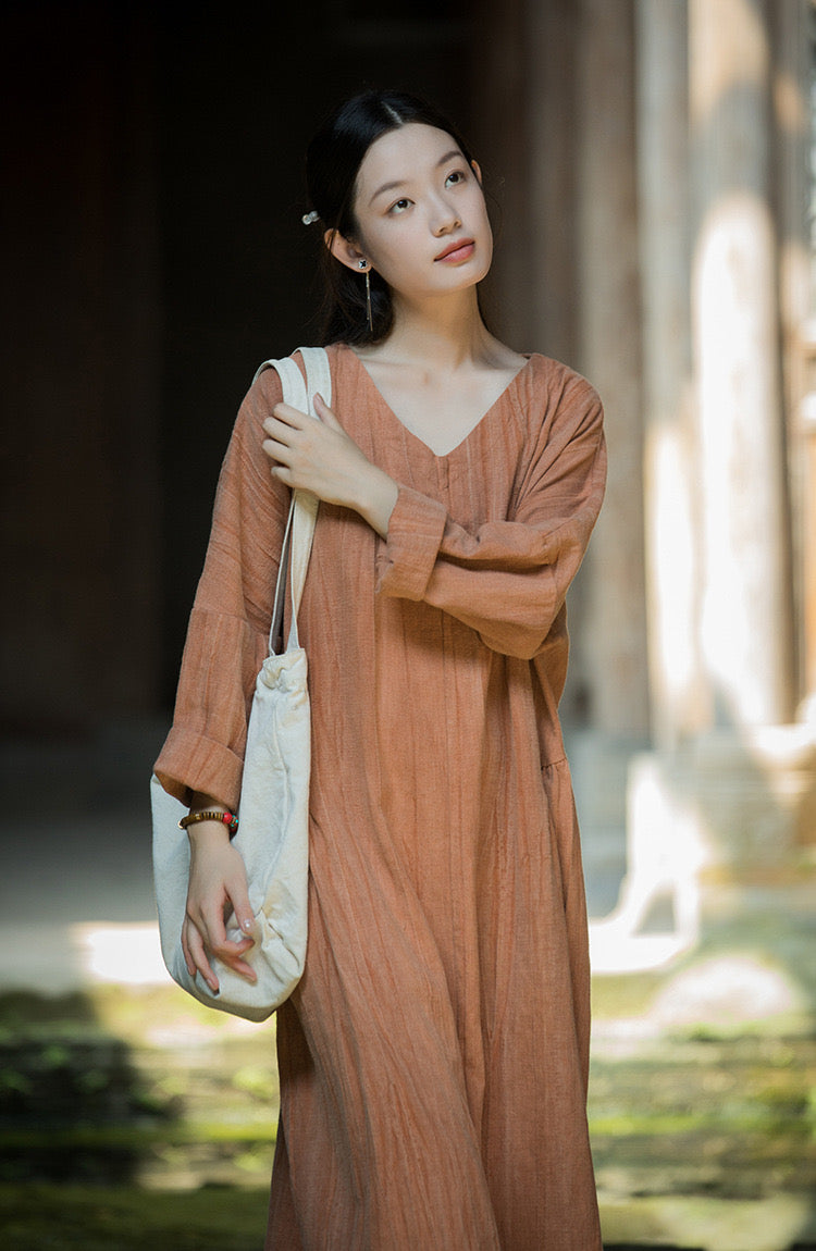 Tao One Tech™ • Zen Artistic Robe Dress • V-Neck • Long-Sleeves • Oversized Relaxed Fit • Tech Pockets • Ramie Cotton