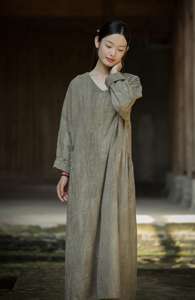 Tao One Tech™ • Zen Artistic Robe Dress • V-Neck • Long-Sleeves • Oversized Relaxed Fit • Tech Pockets • Ramie Cotton